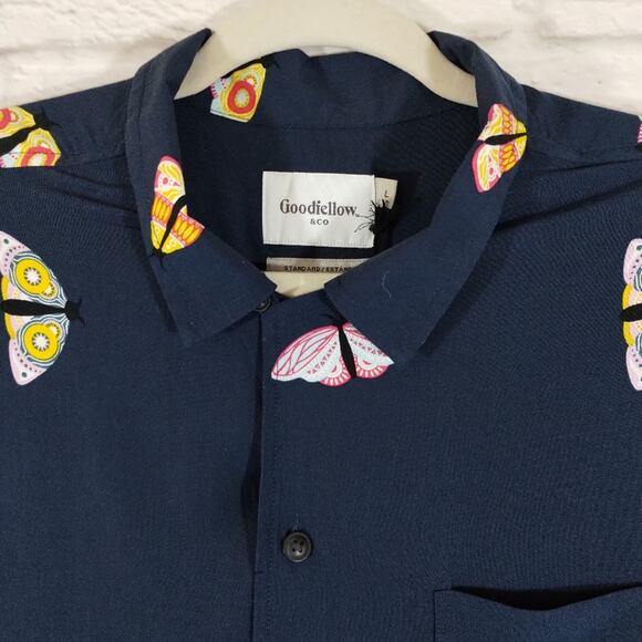 A Goodfellow & Co Men's Navy Colorful Butterfly Moth Button Down Shirt NWT L - Picture 2 of 11
